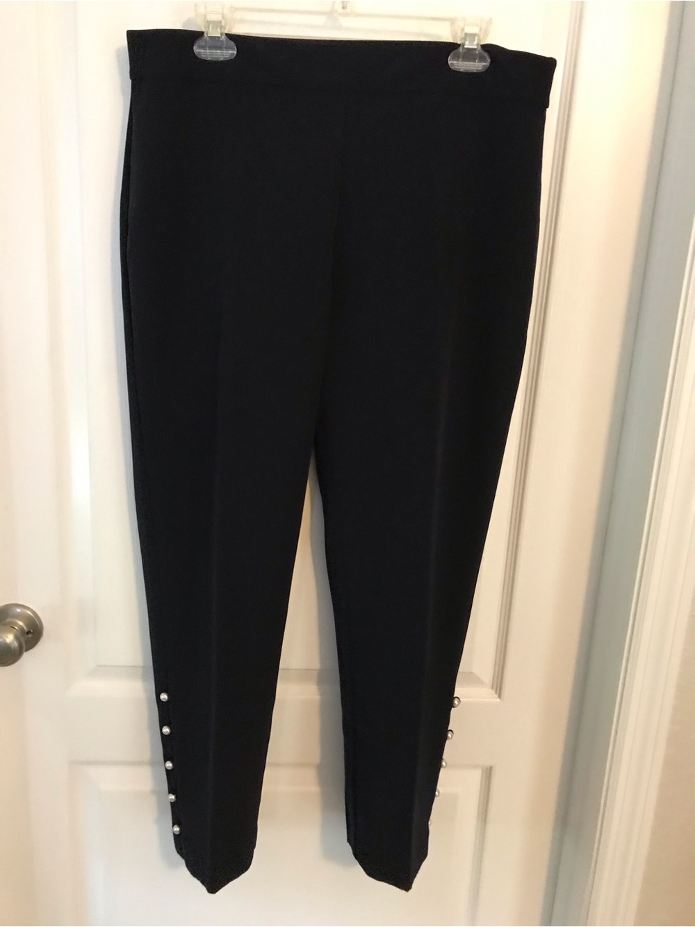 Black Straight-Leg Pull-On Pants with Side Pearl Button Trim